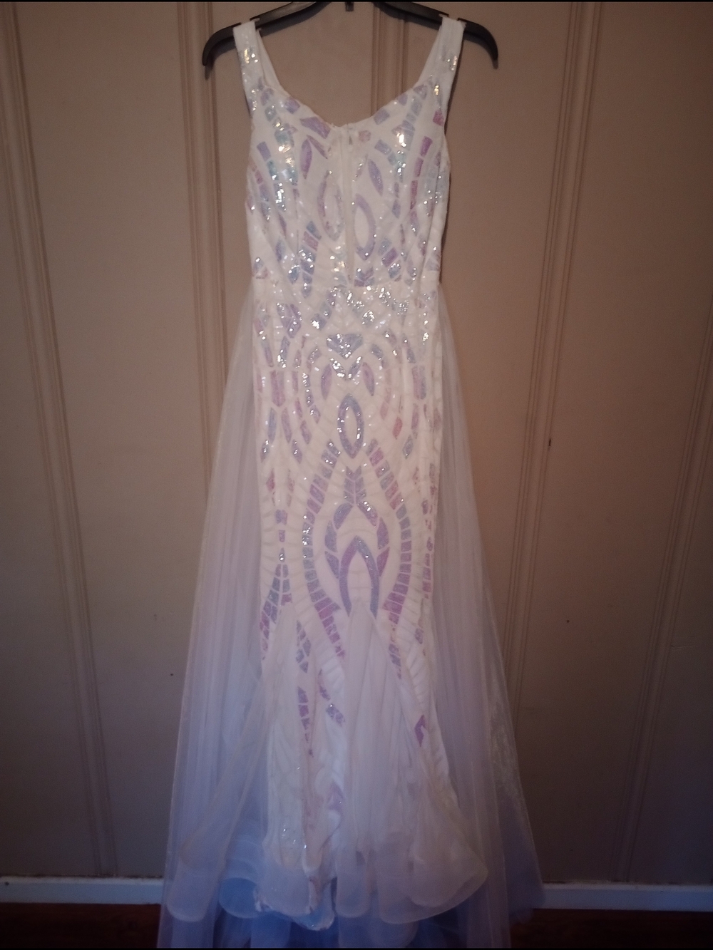 White Sequin Evening, Prom Or Pageant Dress with Custom Overskirt added!